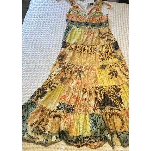 Geisha Designs Anthropologie Sleeveless Maxi Dress Medium Boho Patchwork  Beaded Maxi
